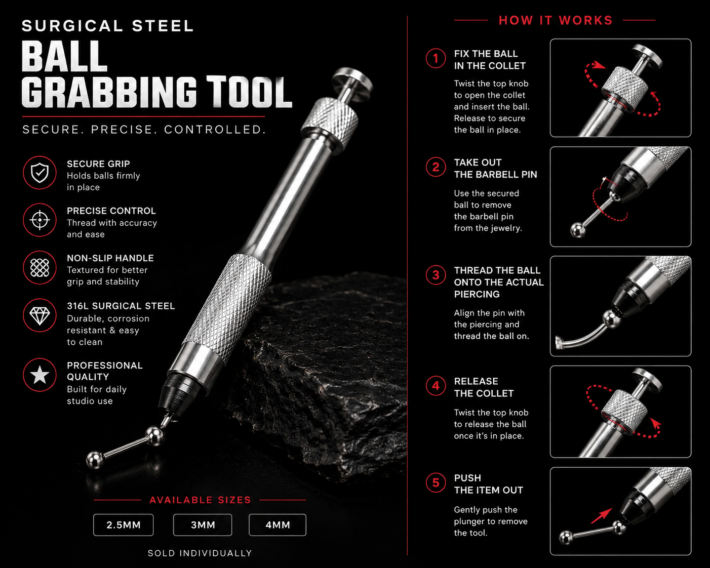 Surgical Steel Ball Grabbing Tool - Secure, Precise Jewelry Handling - Obsidian Needles Obsidian Needles