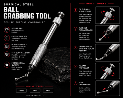 Surgical Steel Ball Grabbing Tool - Secure, Precise Jewelry Handling - Obsidian Needles